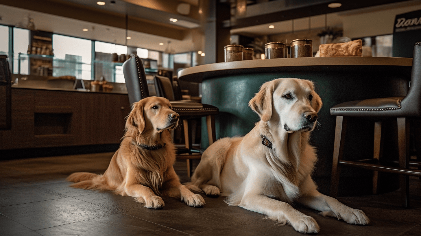 dogs are sitting in a Starbucks