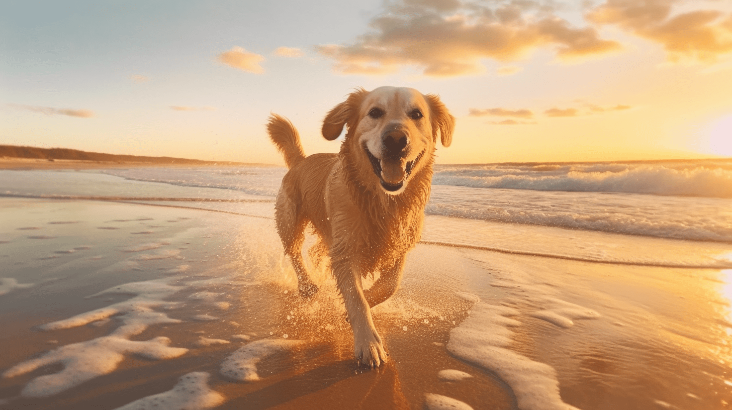 a dog running on the beach