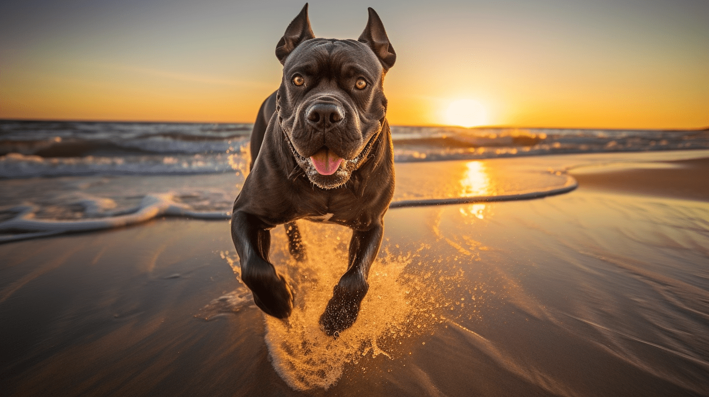 a Cane Corso Italiano dog running on the beach