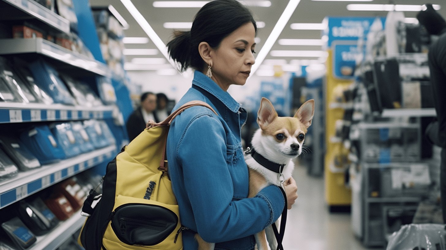 Picture a captivating scene where a tech-savvy woman and her tiny Chihuahua explore the endless rows of cutting-edge electronics.