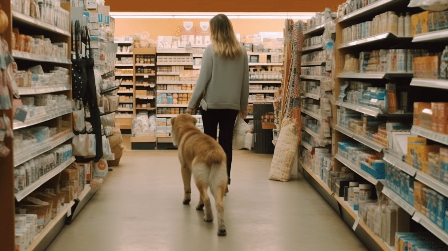 a woman walking with a dog in a Michales craft supply store