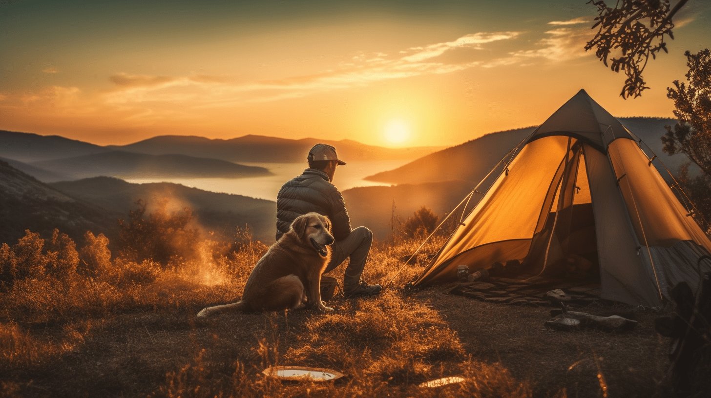 a man with his dog while camping