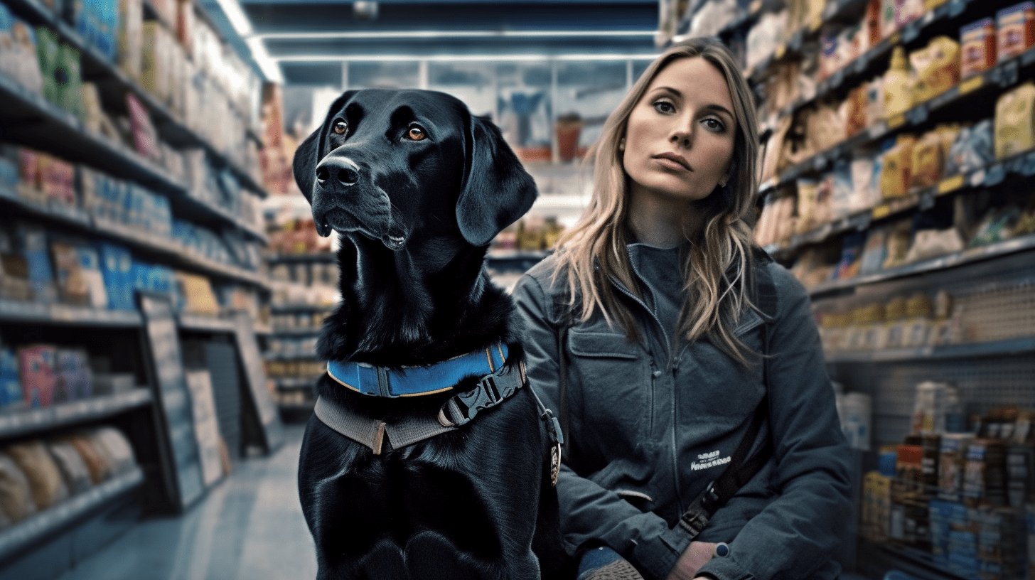 a young woman with a dog in a Is Trader Joe's store