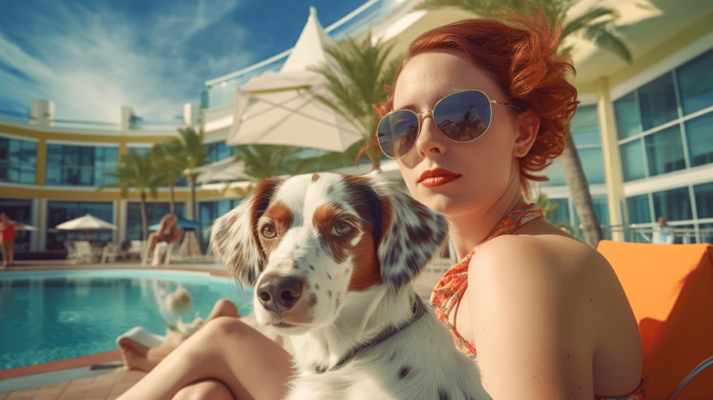 a woman sitting with a dog in a beach resort