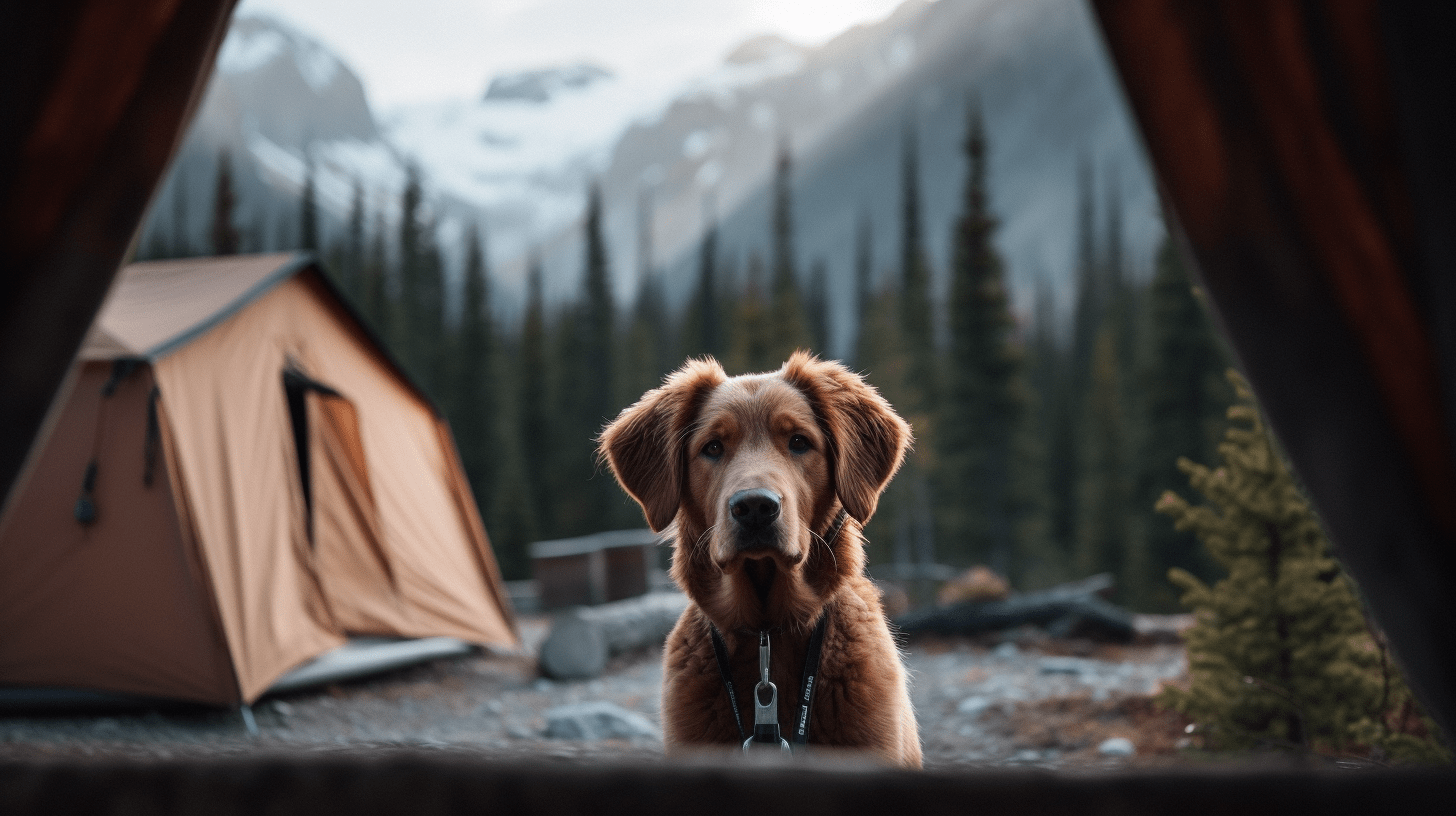 a dog sitting infront of a outdoor tent