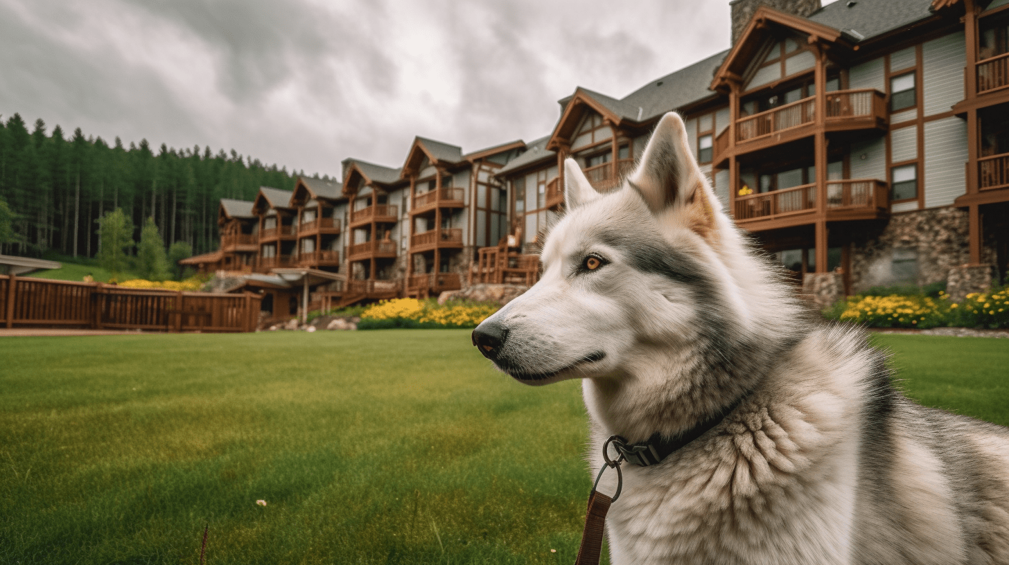 a dog waiting infront of an lodge resort