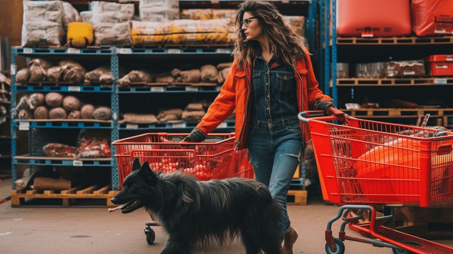 a woman walking a dog in a Tractor Supply store