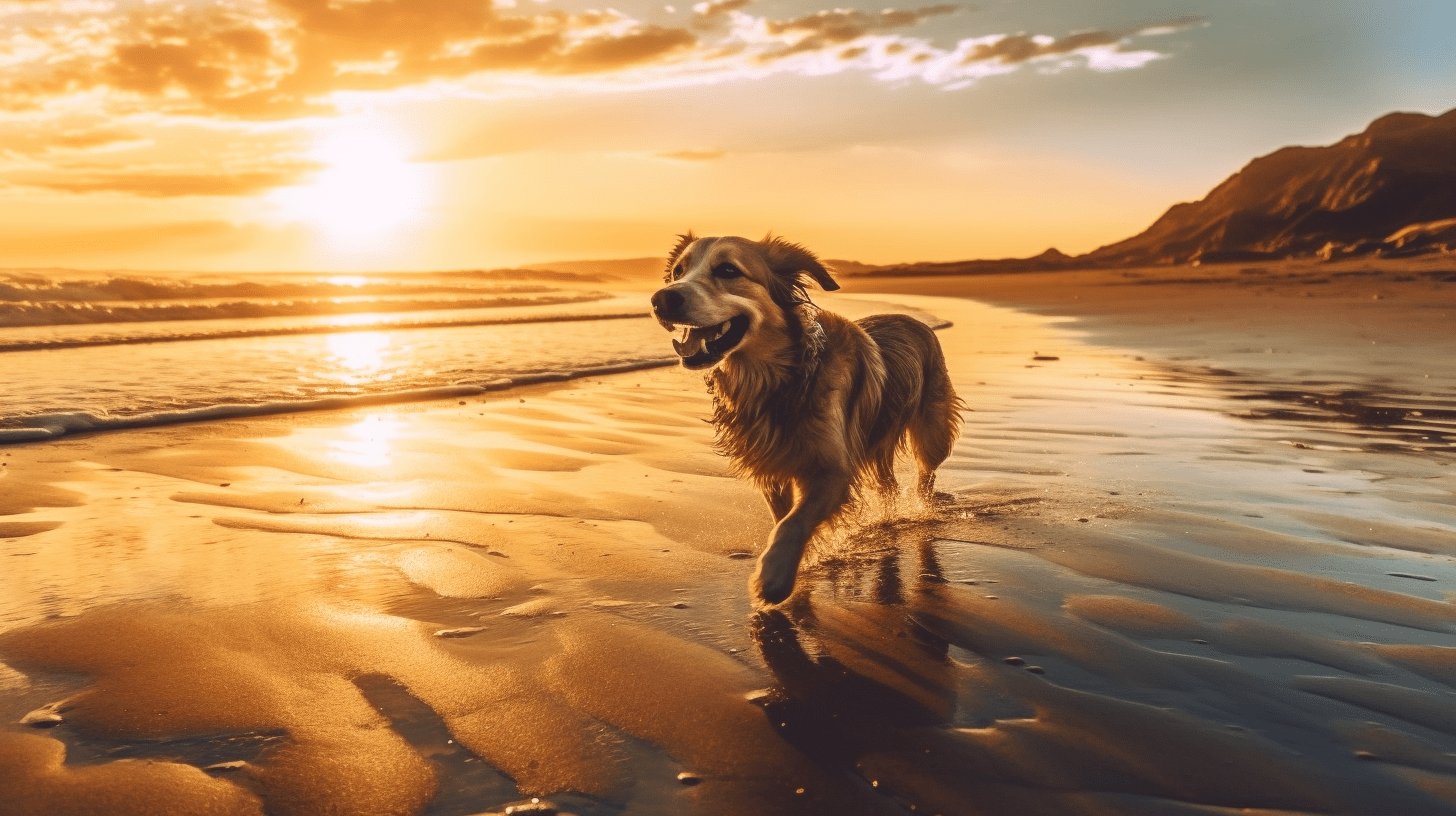 a dog running on the beach