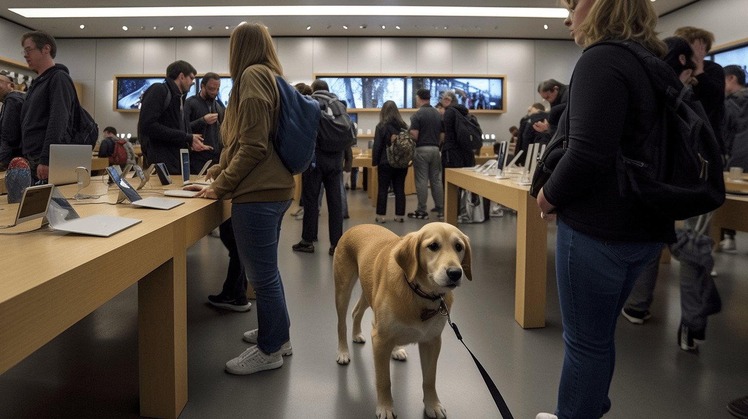 a dog in an Apple Store