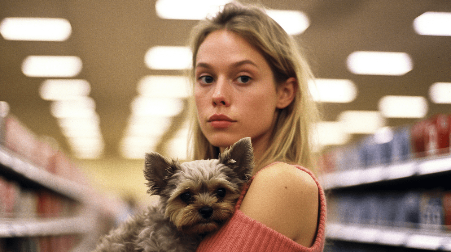 a young woman with a dog in a TJ Maxx store