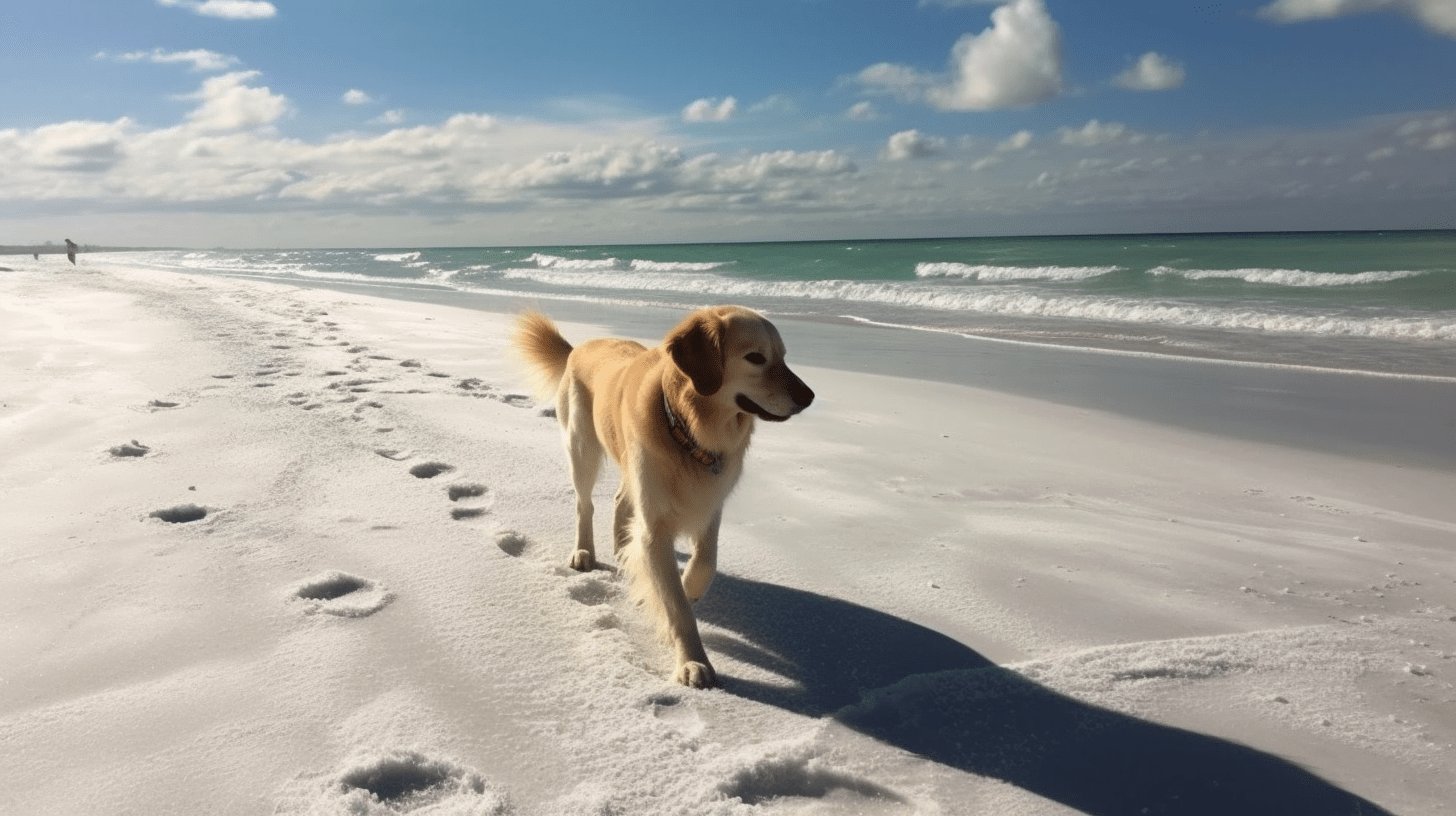 a dog walking on a beach