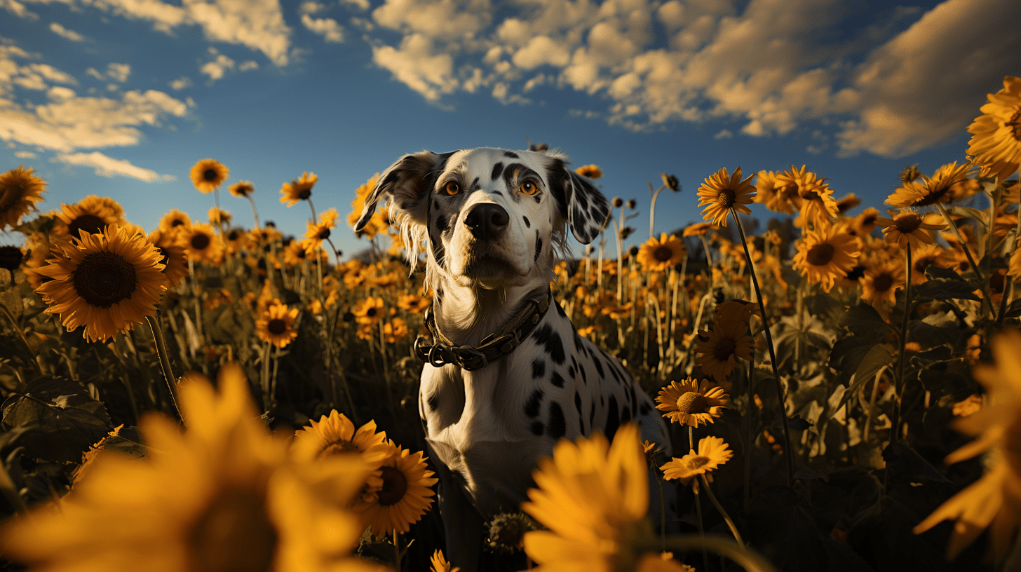 a dalmatian dog standing in a field of sunflowers