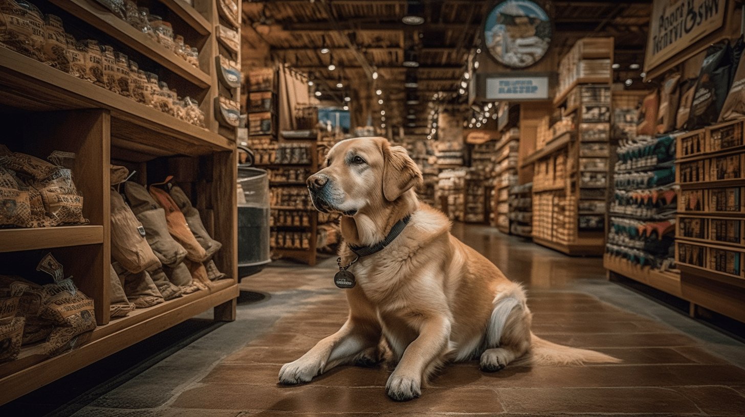 A dog and a bass pro shops store