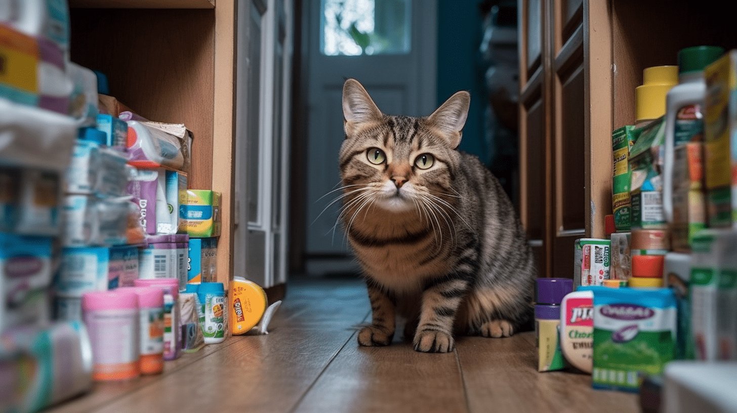 a cat with cleaning products