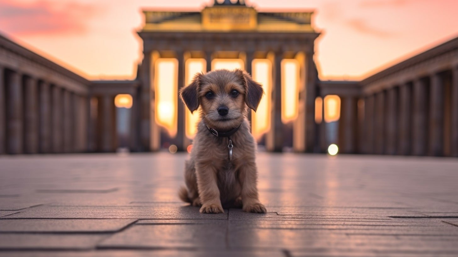 a pup sitting in front of Berlin's Brandenburg Gate