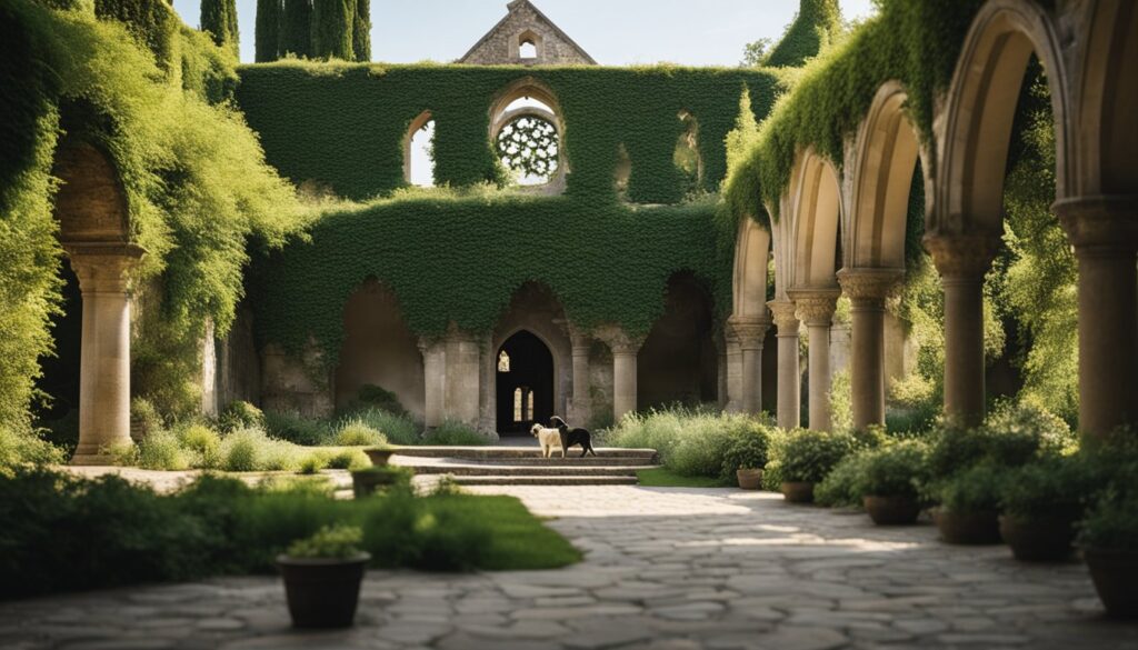 An old abbey overgrown with thick ivy stands under clear skies, with a black and white dog in the center of an open courtyard. The architecture features classic arched columns, and the scene conveys a serene blend of nature and historical beauty.
