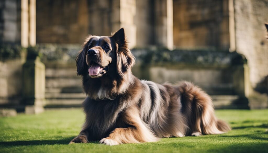 A long-haired, tricolor shepherd dog with a lush coat sits on a manicured lawn, with soft sunlight illuminating its fur. The dog appears attentive and content, with a historical stone building adorned with gothic windows blurred in the background