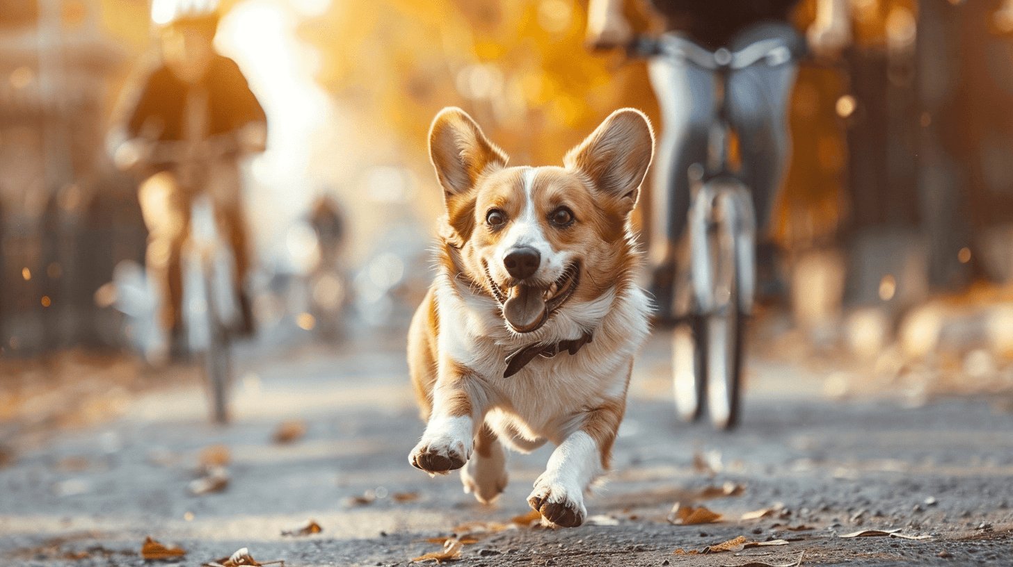 a dog running with a cyclist